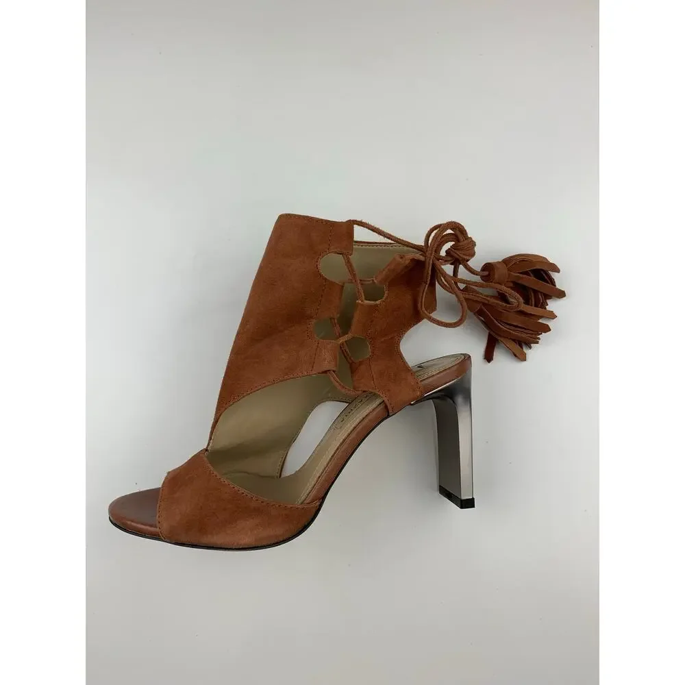 BCBGMaxAzria Brown Suede Heels Booties Open Toe Tassel Lace Up Women's 36 US 6